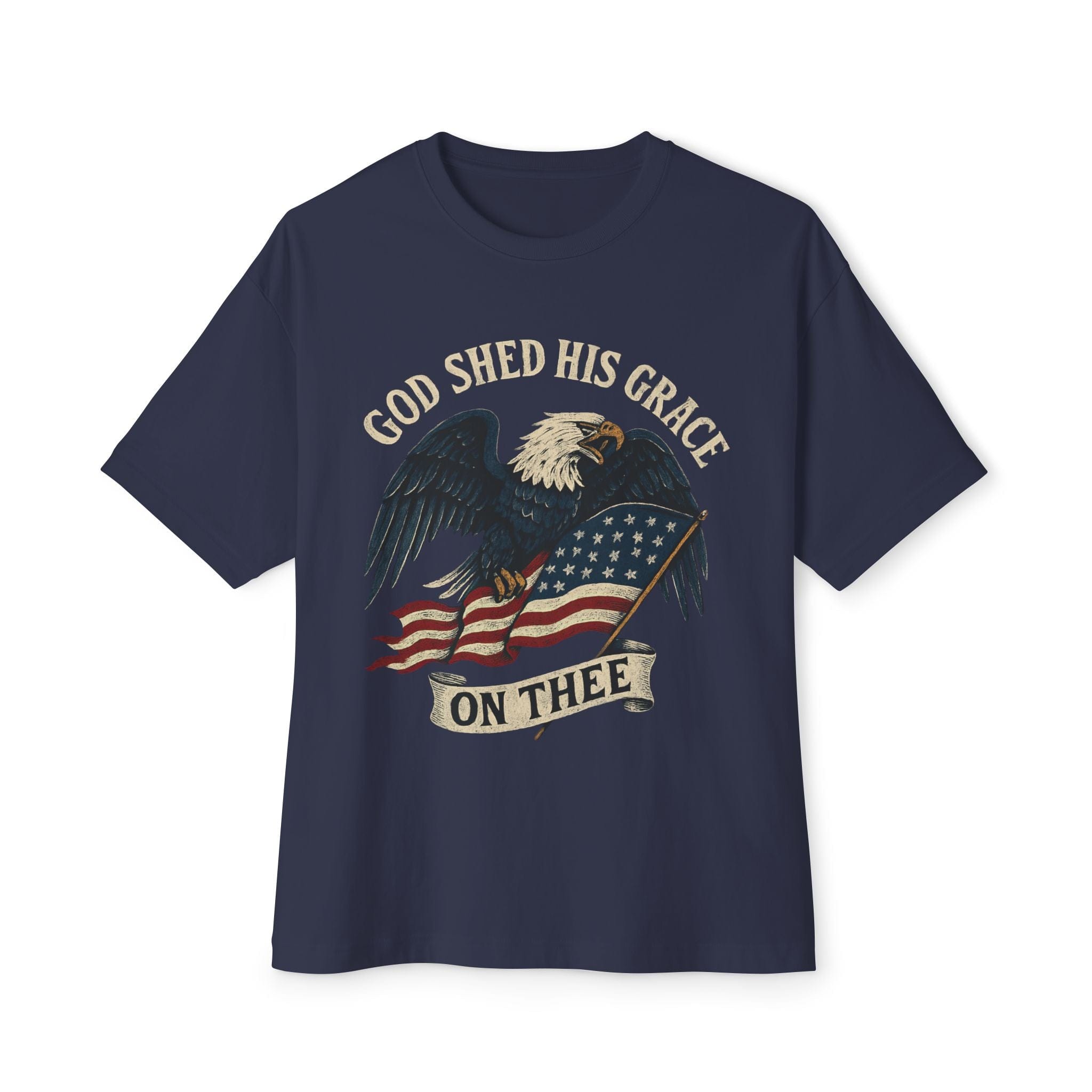 God Shed His Grace On Thee | Patriotic Eagle With Flag | Oversized Boxy Tee