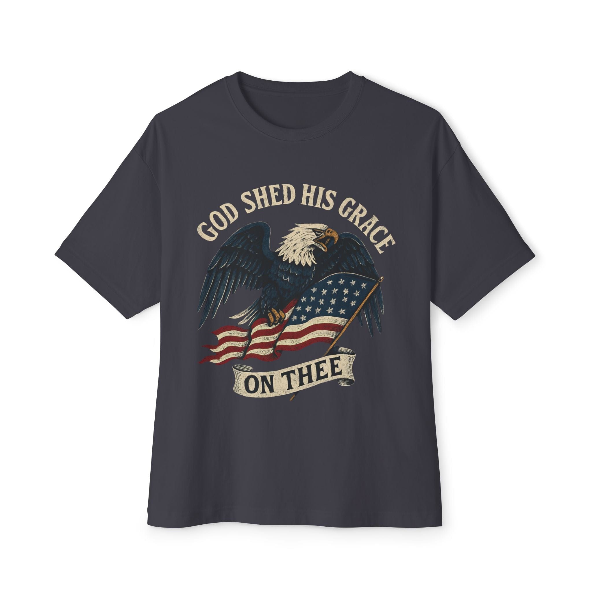 God Shed His Grace On Thee | Patriotic Eagle With Flag | Oversized Boxy Tee