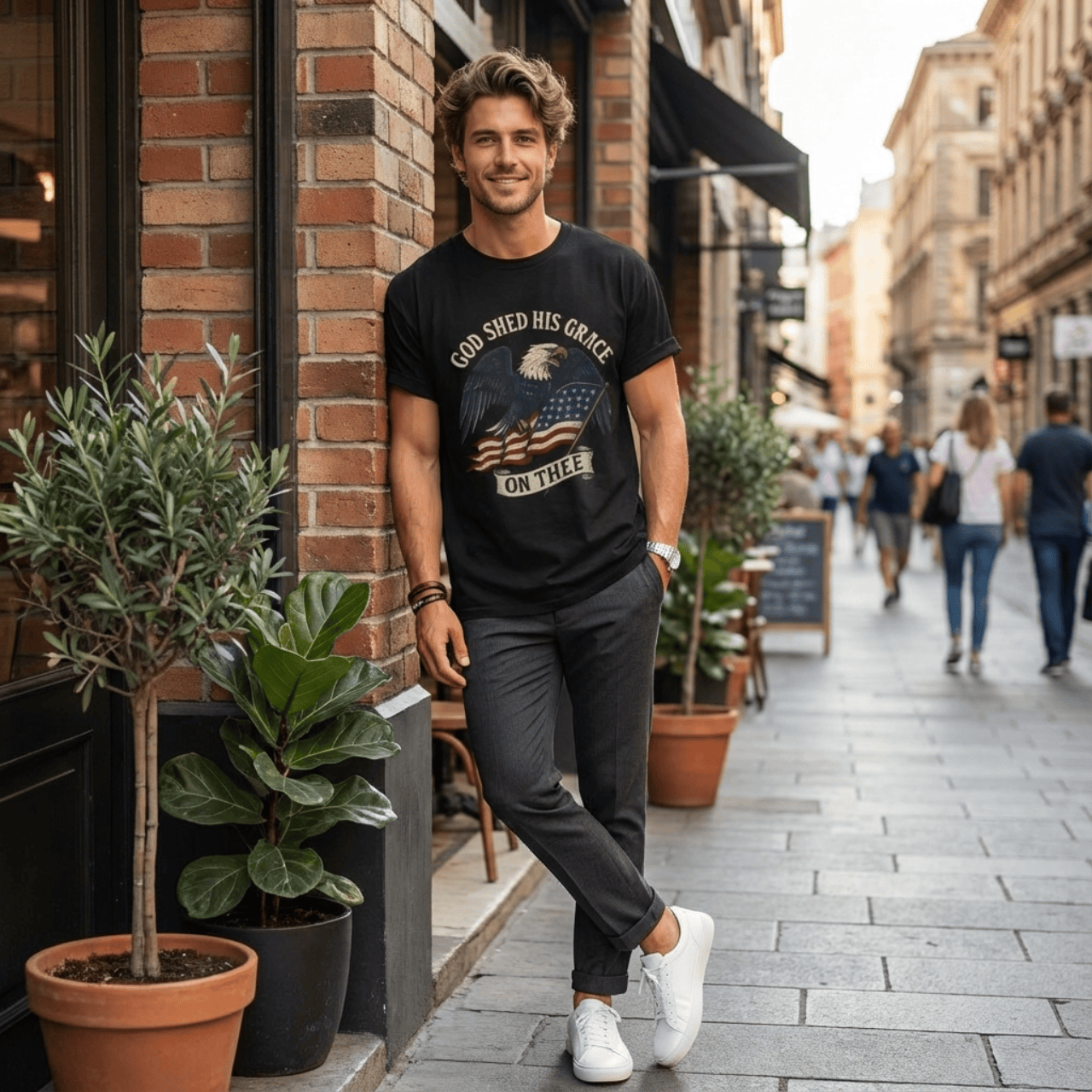 God Shed His Grace On Thee | Patriotic Eagle With Flag | Oversized Boxy Tee