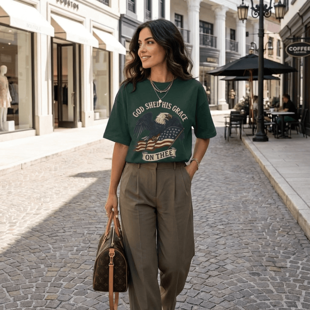 God Shed His Grace On Thee | Patriotic Eagle With Flag | Oversized Boxy Tee