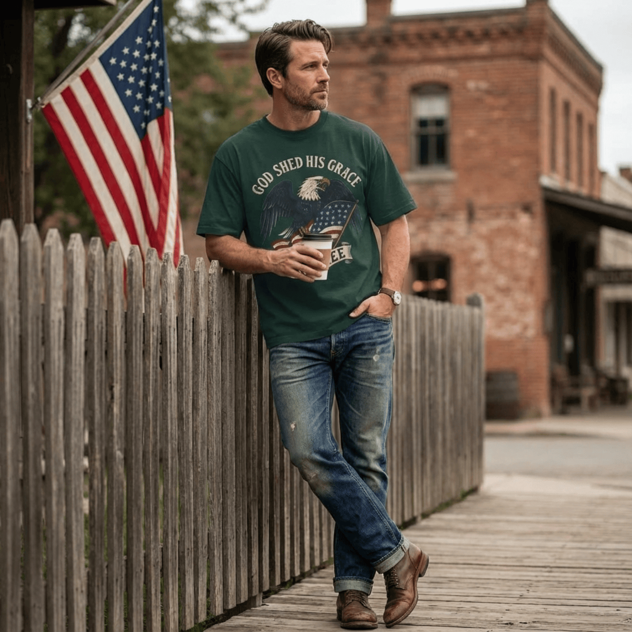 God Shed His Grace On Thee | Patriotic Eagle With Flag | Oversized Boxy Tee