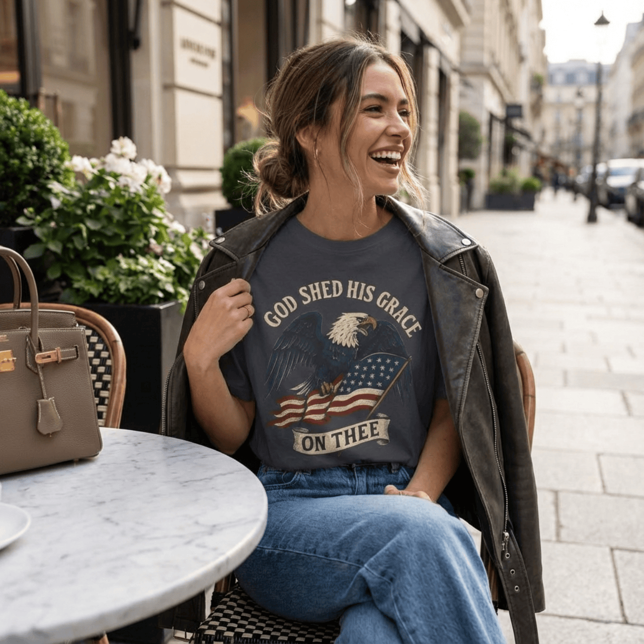 God Shed His Grace On Thee | Patriotic Eagle With Flag | Oversized Boxy Tee