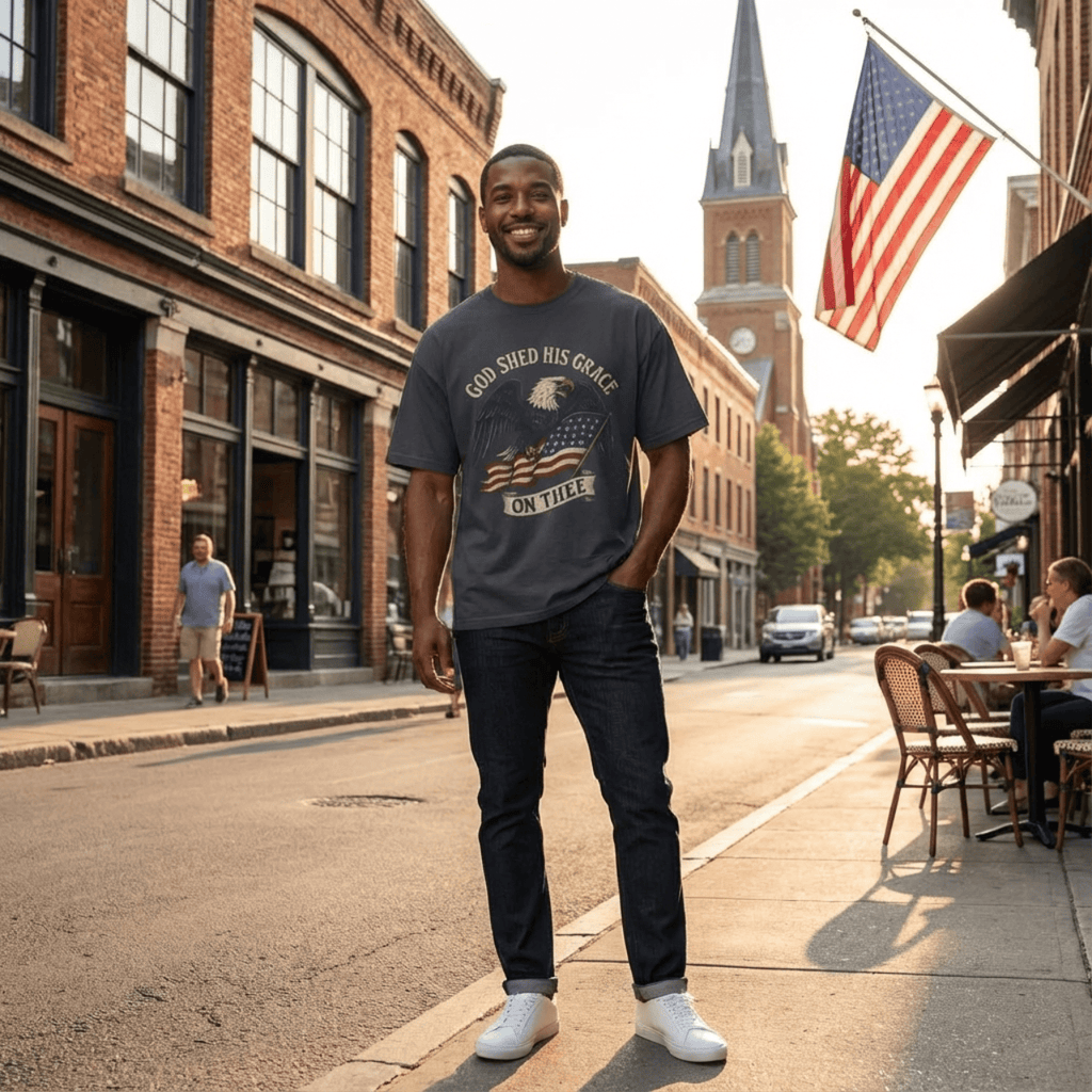 God Shed His Grace On Thee | Patriotic Eagle With Flag | Oversized Boxy Tee