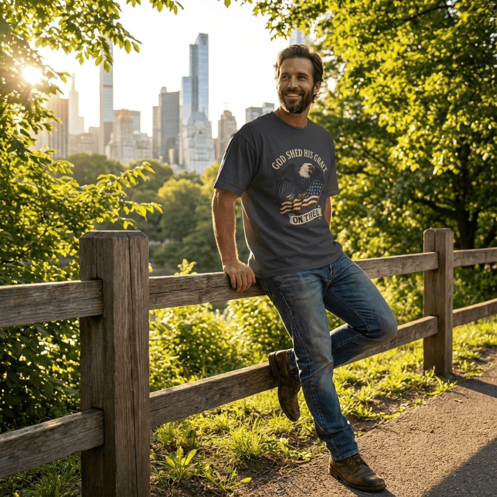 God Shed His Grace On Thee | Patriotic Eagle With Flag | Oversized Boxy Tee