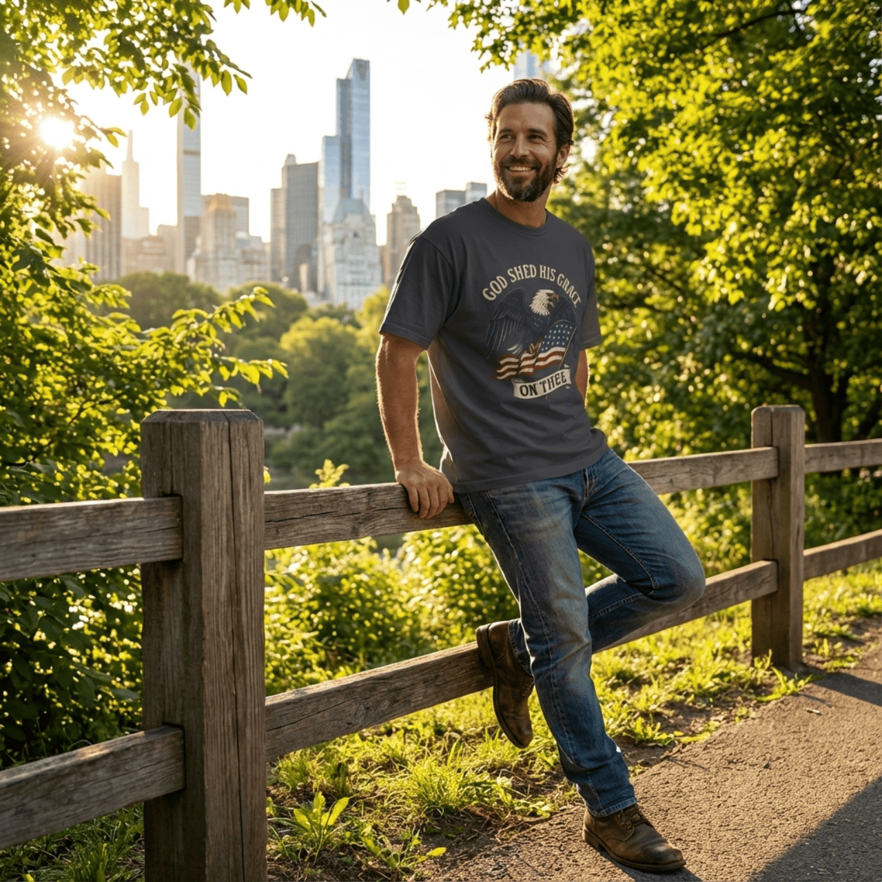 God Shed His Grace On Thee | Patriotic Eagle With Flag | Oversized Boxy Tee