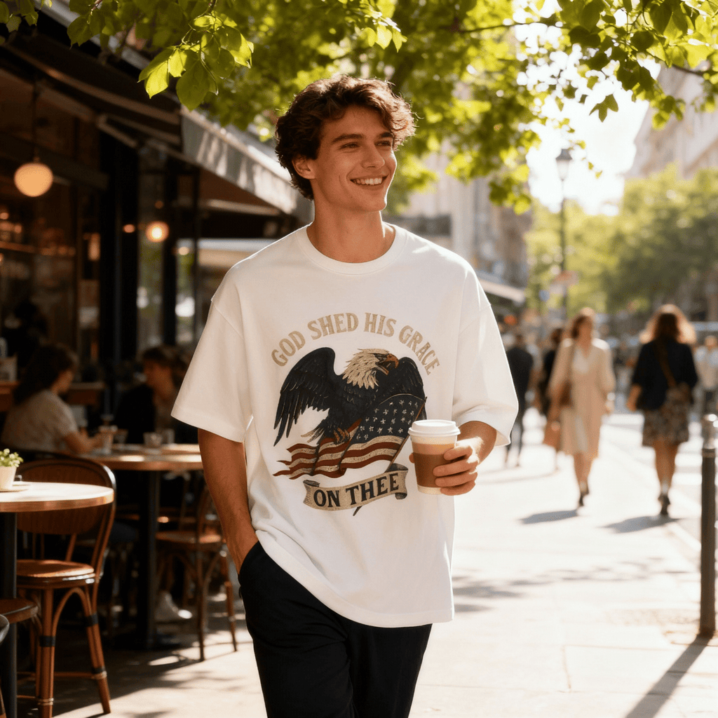 God Shed His Grace On Thee | Patriotic Eagle With Flag | Oversized Boxy Tee
