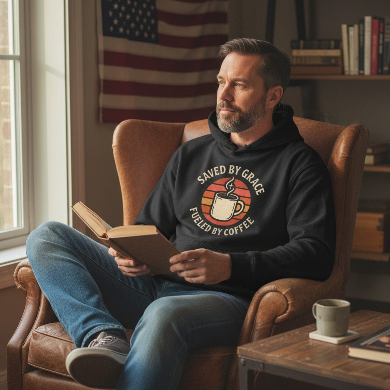 Saved by Grace Fueled by Coffee | Retro Inspired Mug Christian Pullover | Hoodie