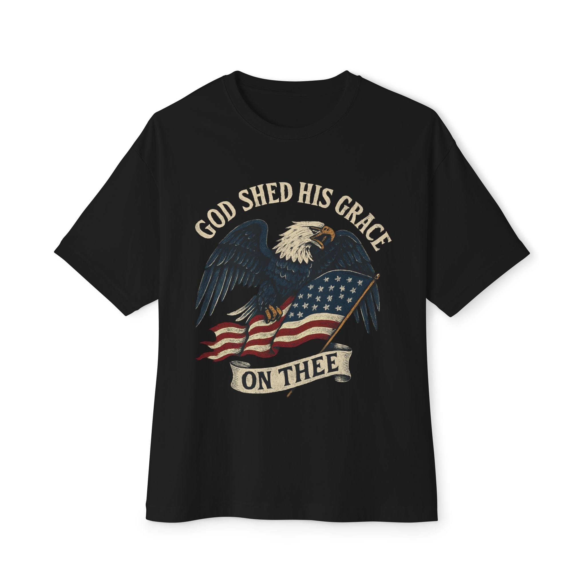 God Shed His Grace On Thee | Patriotic Eagle With Flag | Oversized Boxy Tee