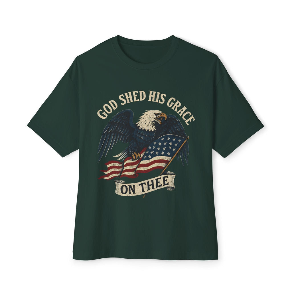 God Shed His Grace On Thee | Patriotic Eagle With Flag | Oversized Boxy Tee