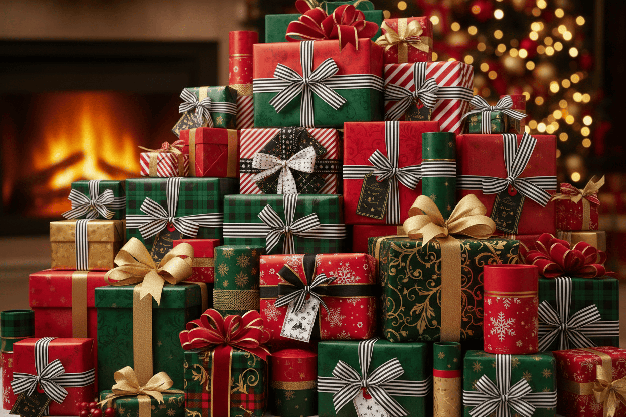 christmas presents wrapped in red green and gold with black and white accents