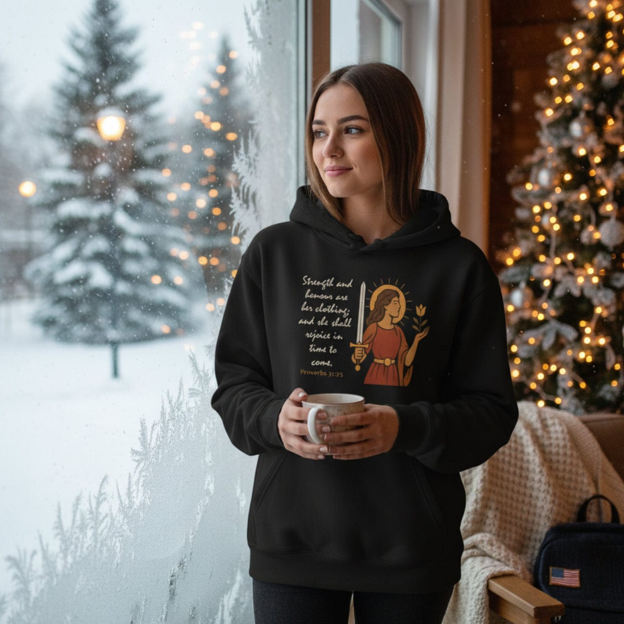 Hoodie Black / S Proverbs 31:25 | Strength and Honor Christian Hoodie | Inspirational Women’s Pullover