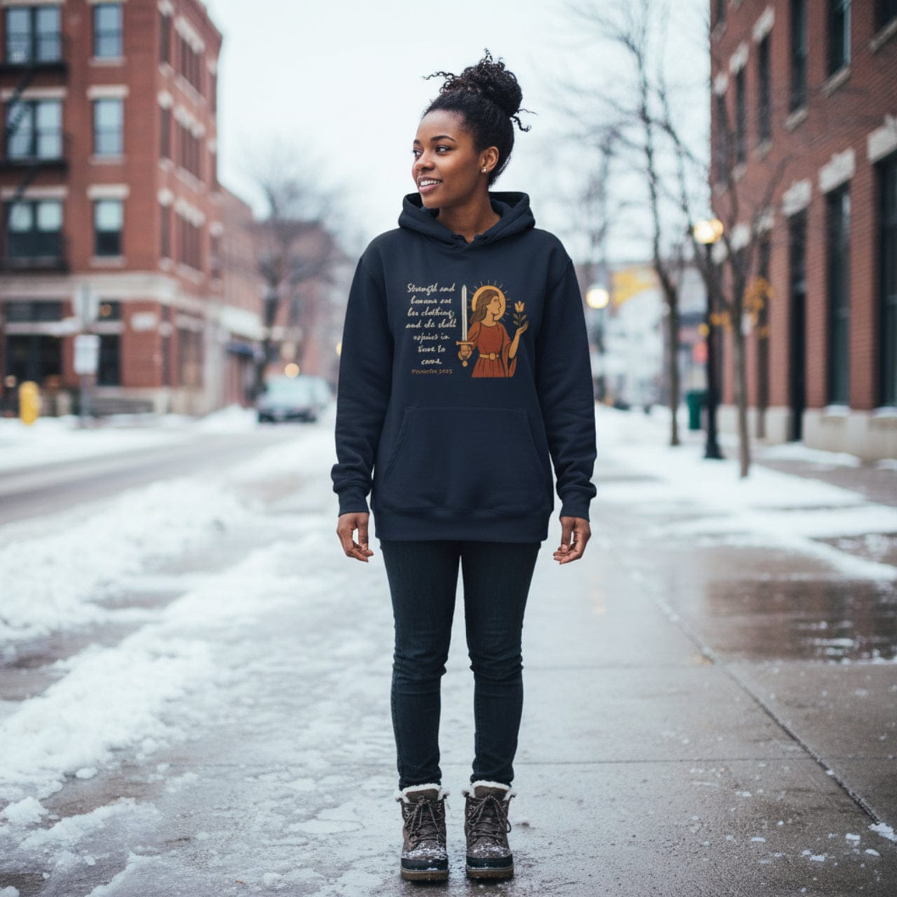 Hoodie Navy / S Proverbs 31:25 | Strength and Honor Christian Hoodie | Inspirational Women’s Pullover
