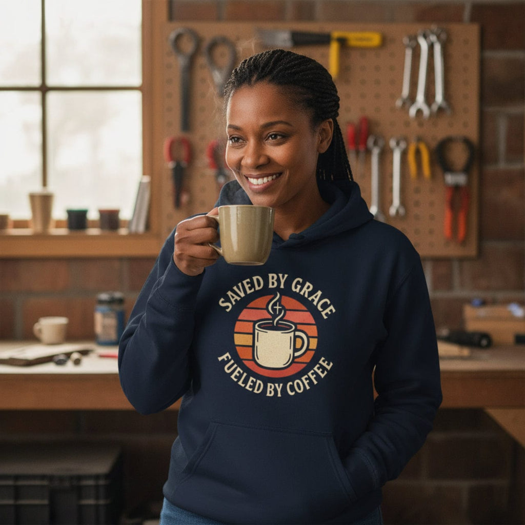 Hoodie Saved by Grace Fueled by Coffee | Retro Inspired Mug Christian Pullover | Hoodie
