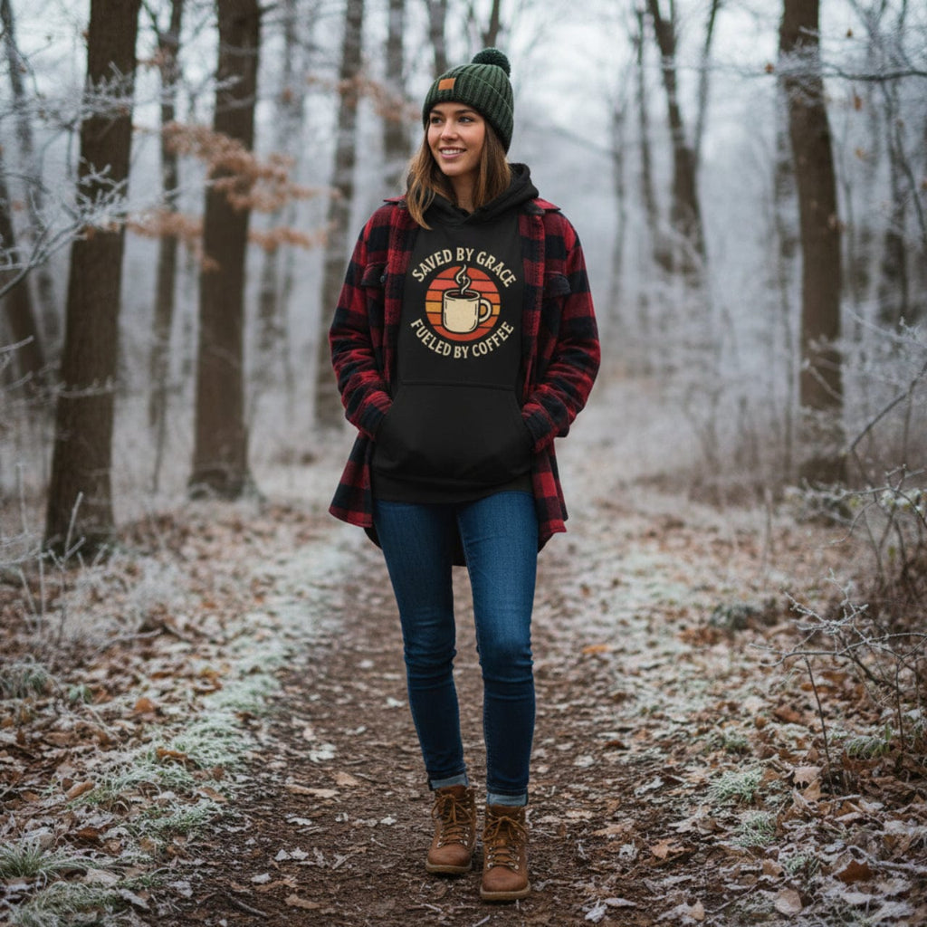 Hoodie XS / Black Saved by Grace Fueled by Coffee | Retro Inspired Mug Christian Pullover | Hoodie
