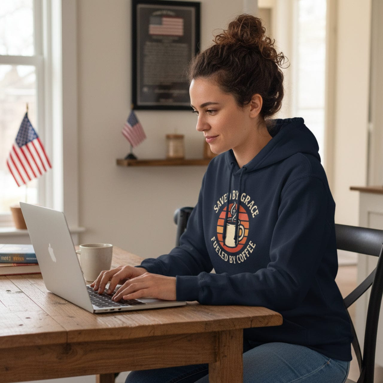 Hoodie XS / Navy Saved by Grace Fueled by Coffee | Retro Inspired Mug Christian Pullover | Hoodie