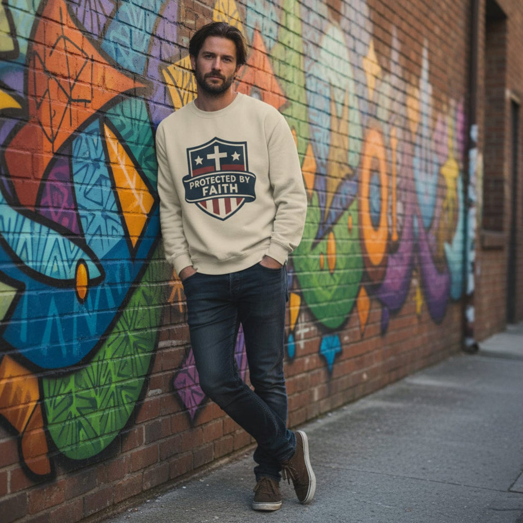 Sweatshirt Protected by Faith | Christian Shield Design | Crewneck Sweatshirt