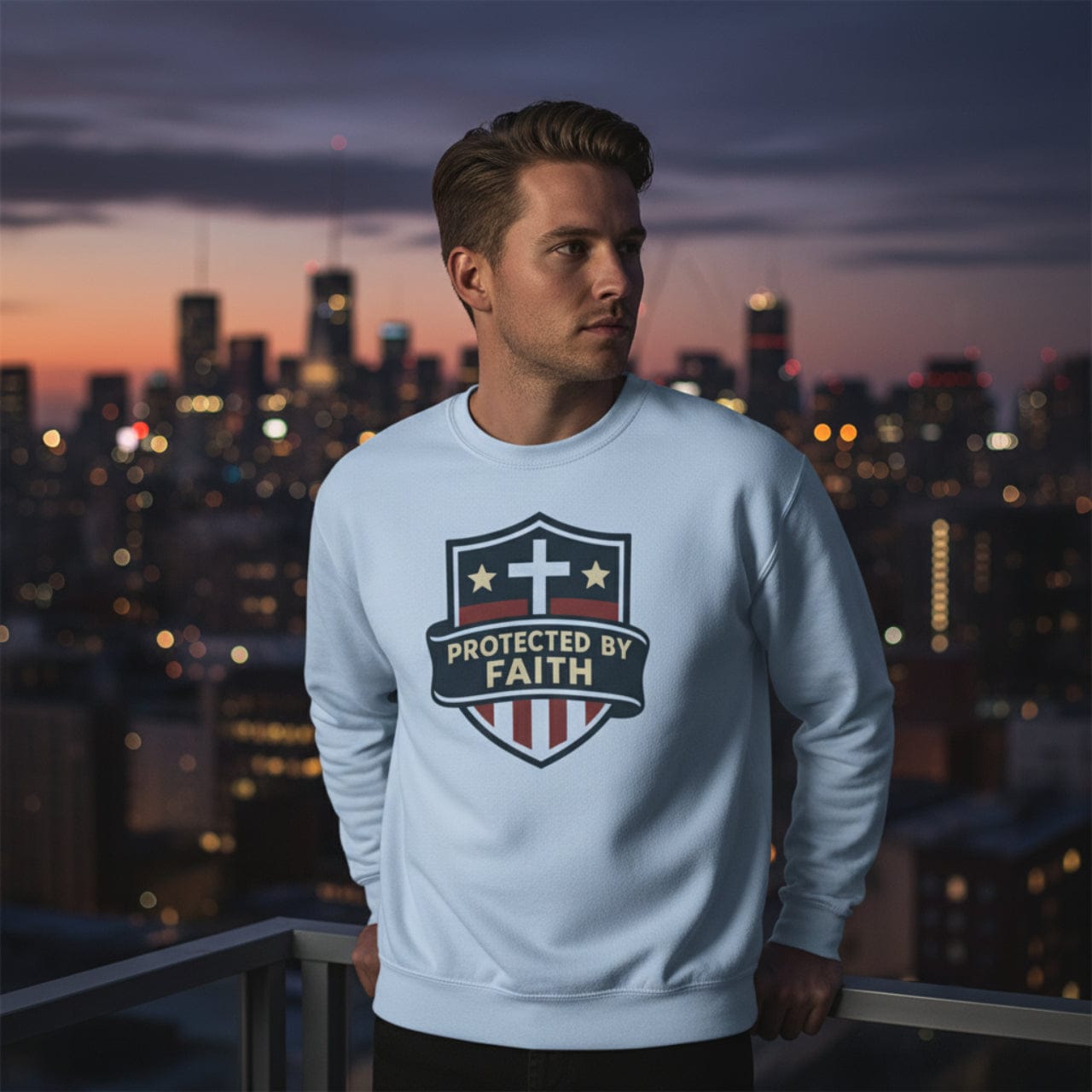 Sweatshirt Protected by Faith | Christian Shield Design | Crewneck Sweatshirt