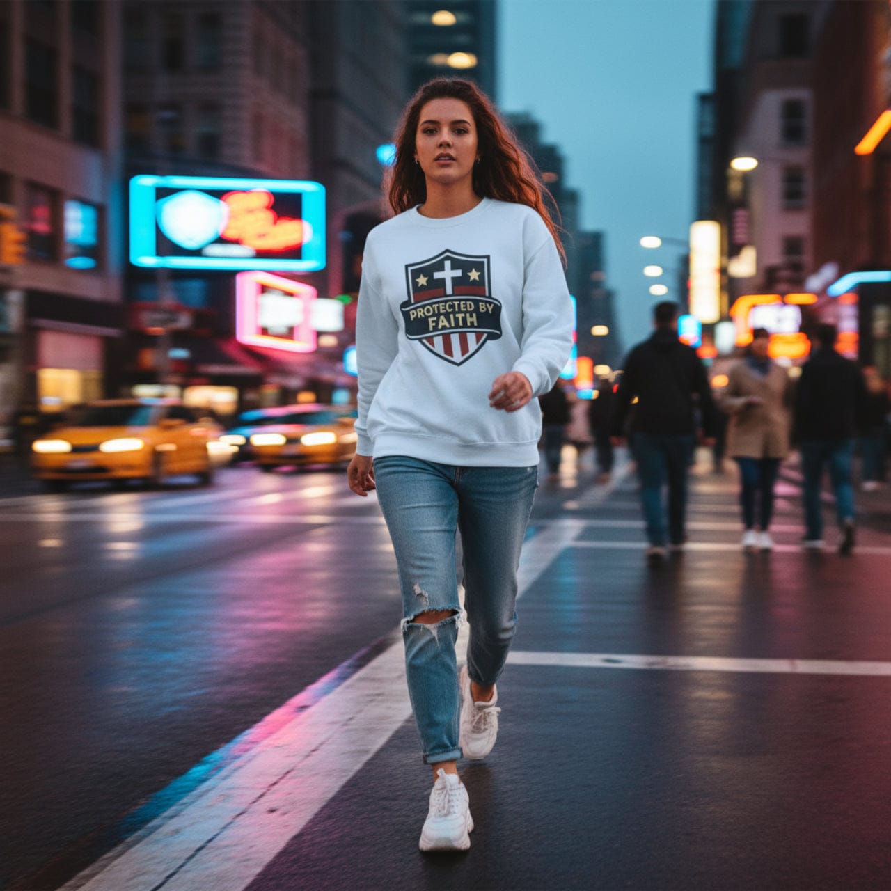 Sweatshirt S / Light Blue Protected by Faith | Christian Shield Design | Crewneck Sweatshirt