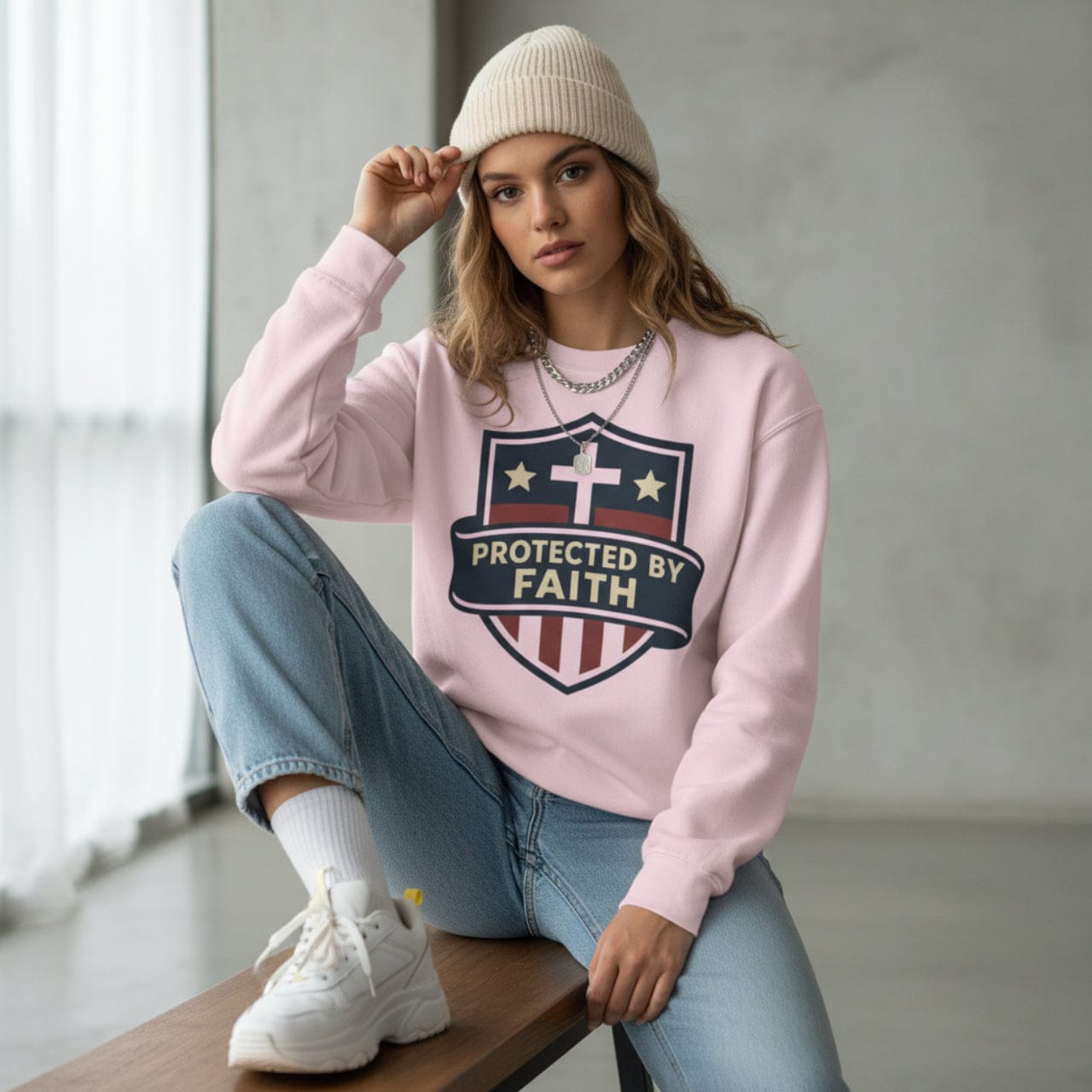 Sweatshirt S / Light Pink Protected by Faith | Christian Shield Design | Crewneck Sweatshirt