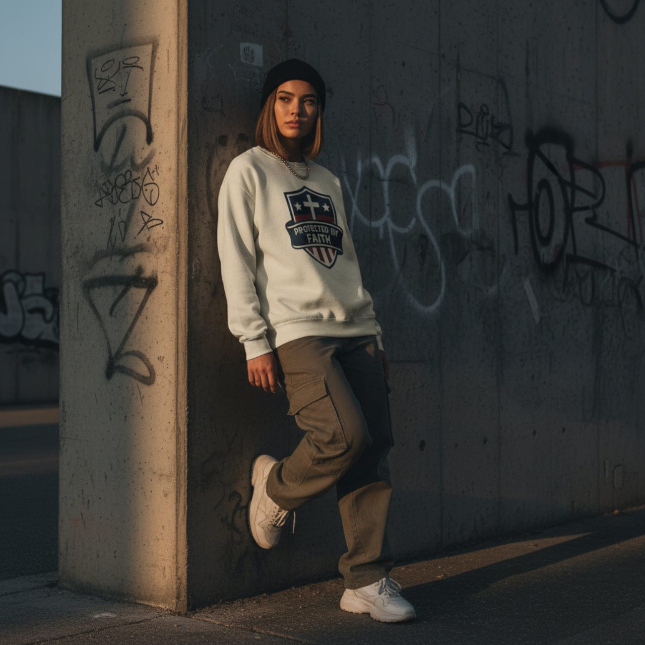 Sweatshirt S / Sand Protected by Faith | Christian Shield Design | Crewneck Sweatshirt
