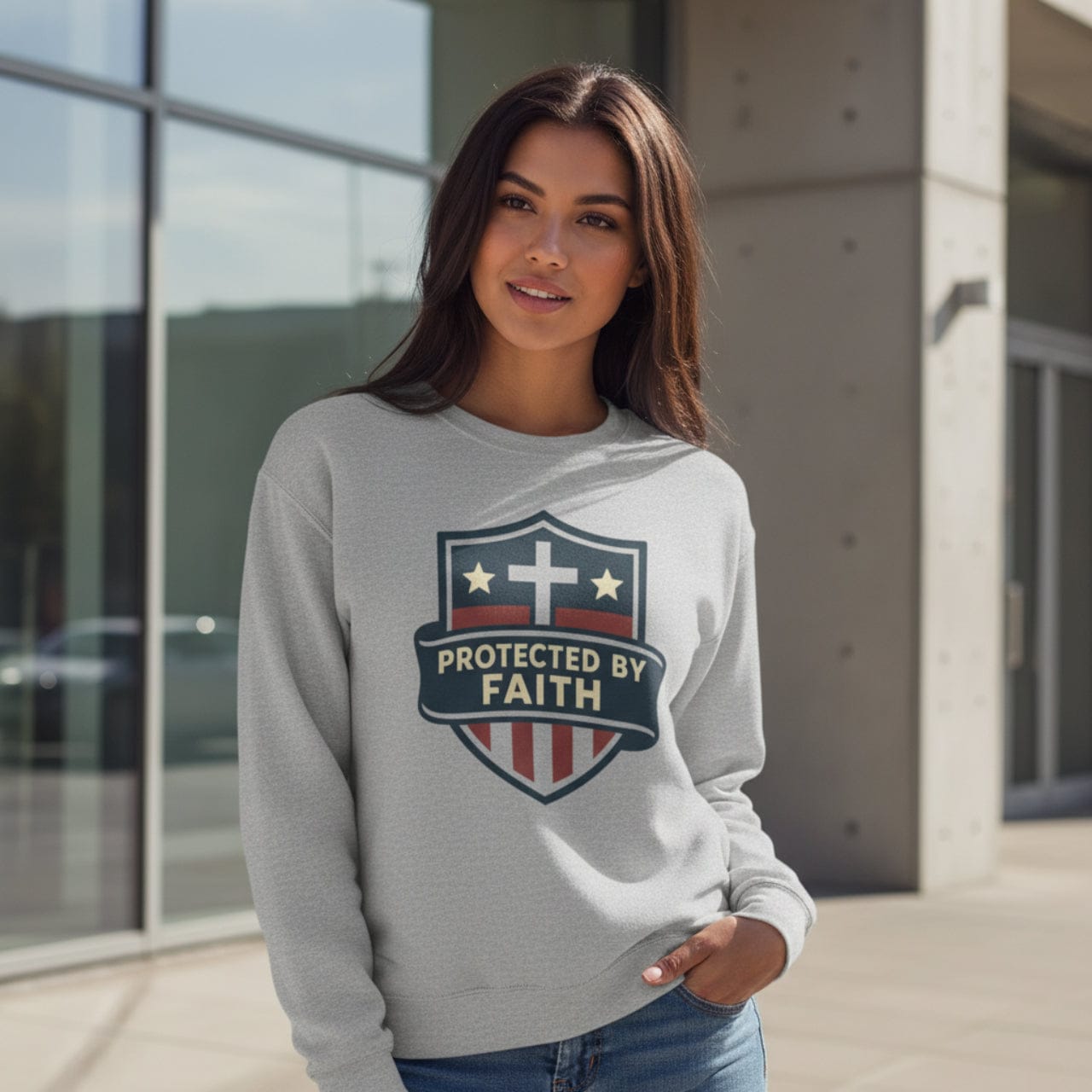 Sweatshirt S / Sport Grey Protected by Faith | Christian Shield Design | Crewneck Sweatshirt