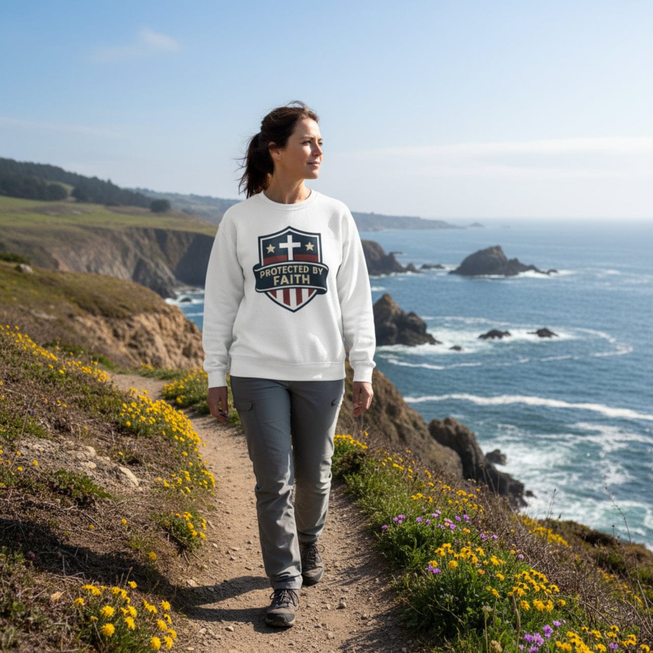 Sweatshirt S / White Protected by Faith | Christian Shield Design | Crewneck Sweatshirt