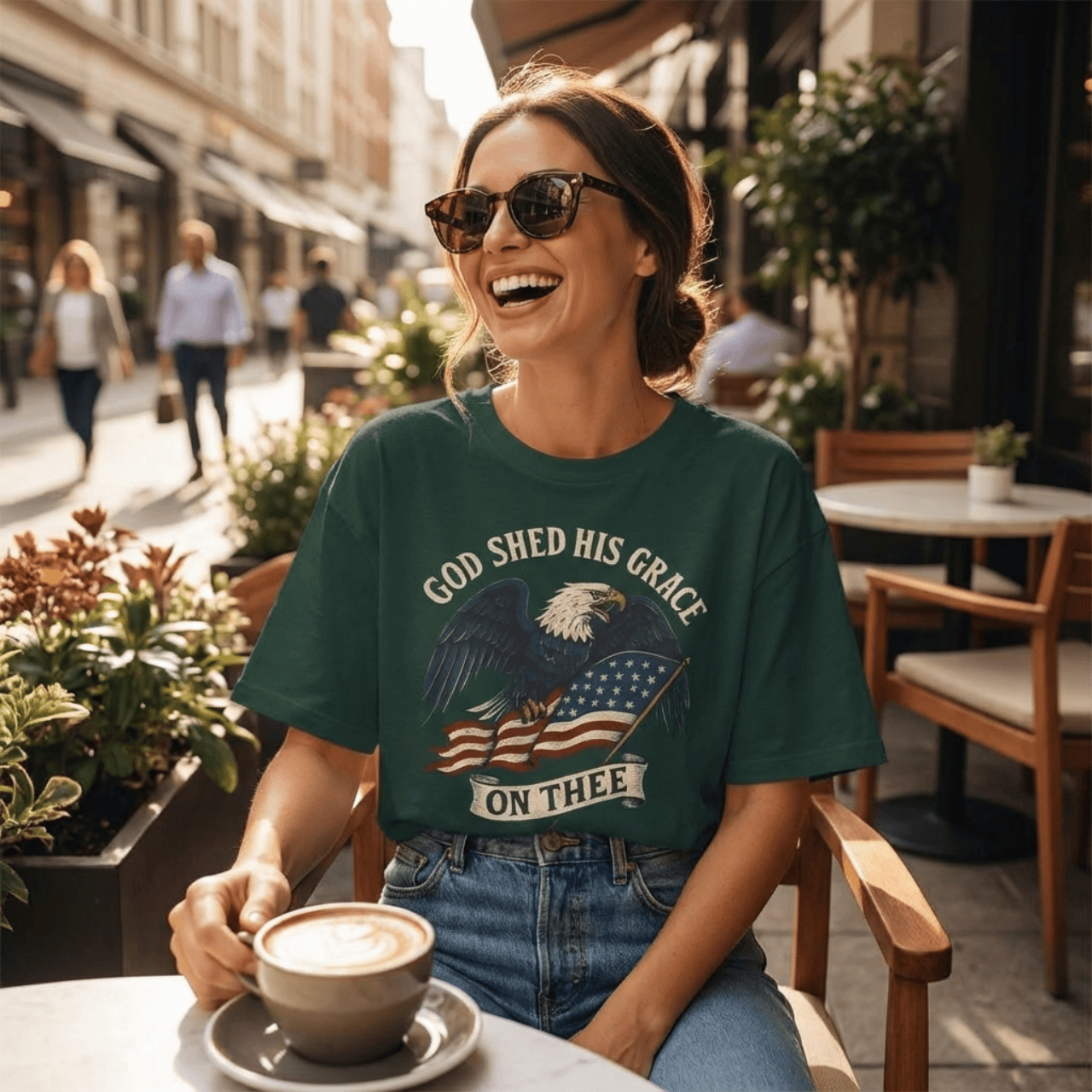 T-Shirt Forest / XS God Shed His Grace On Thee | Patriotic Eagle With Flag | Oversized Boxy Tee