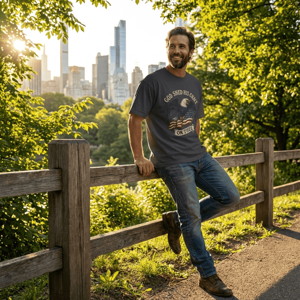 T-Shirt God Shed His Grace On Thee | Patriotic Eagle With Flag | Oversized Boxy Tee