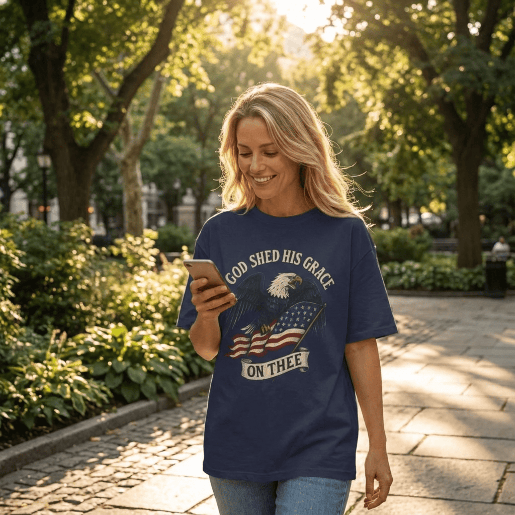 T-Shirt God Shed His Grace On Thee | Patriotic Eagle With Flag | Oversized Boxy Tee