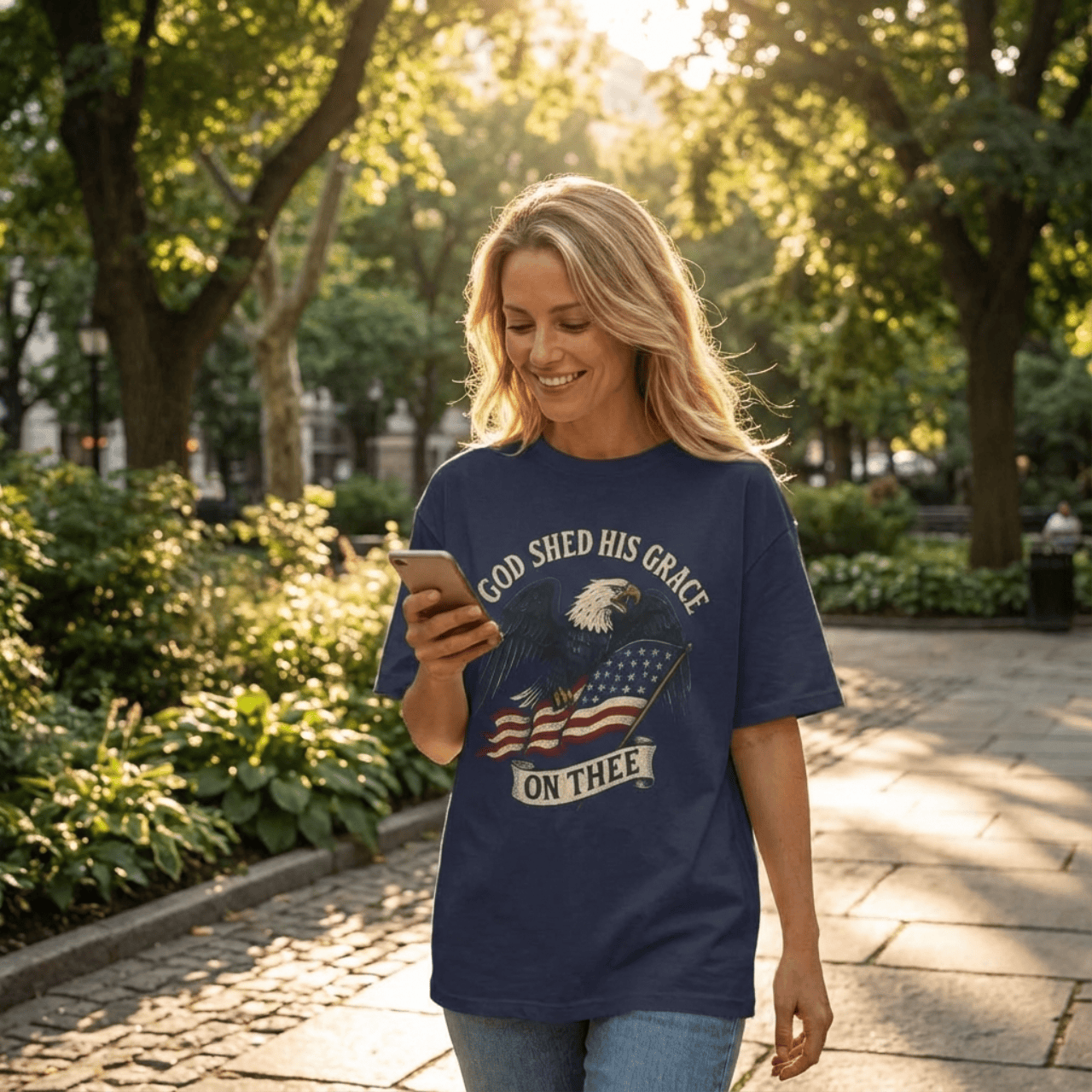 T-Shirt God Shed His Grace On Thee | Patriotic Eagle With Flag | Oversized Boxy Tee