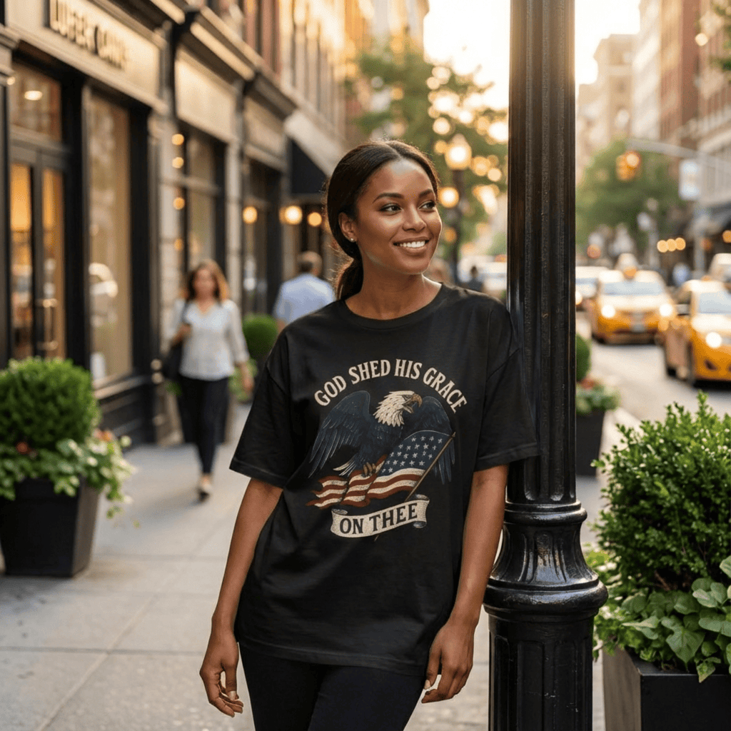 T-Shirt God Shed His Grace On Thee | Patriotic Eagle With Flag | Oversized Boxy Tee