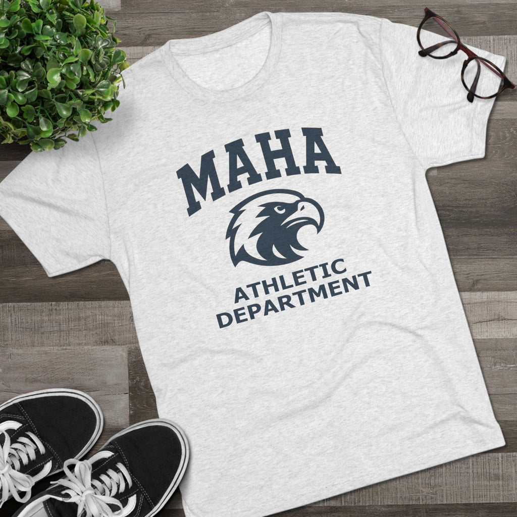 T-Shirt MAHA Athletic Department Navy on Heather White | Eagle Mascot Vintage Gym Class Shirt | Tri-Blend Performance Tee