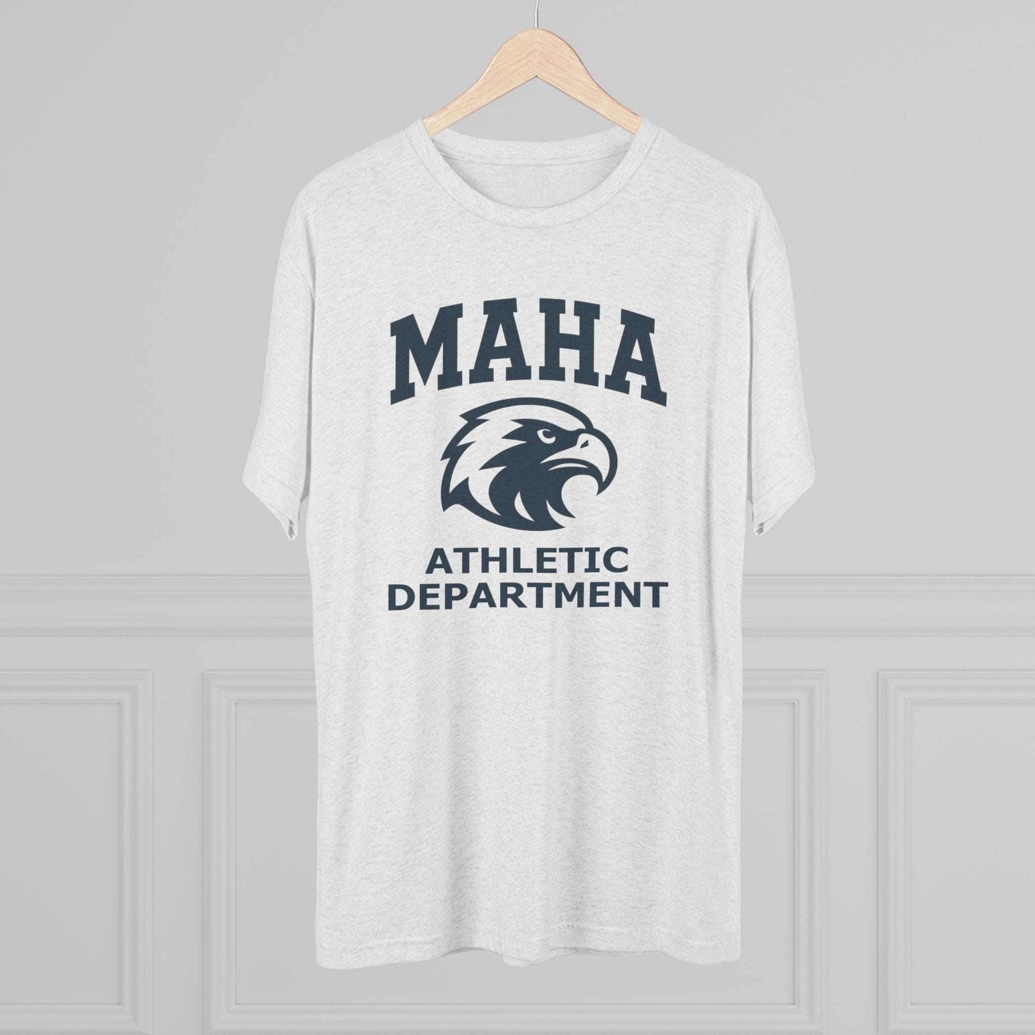 T-Shirt MAHA Athletic Department Navy on Heather White | Eagle Mascot Vintage Gym Class Shirt | Tri-Blend Performance Tee