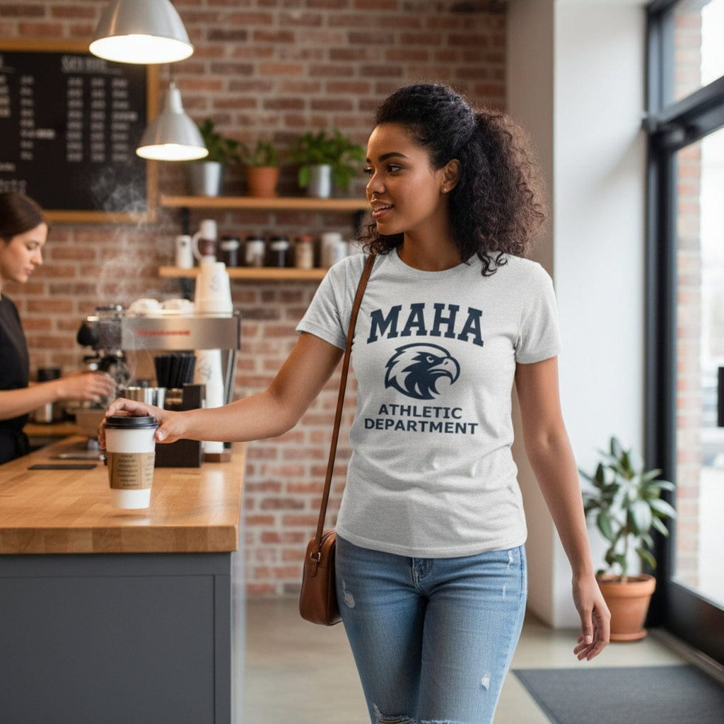 T-Shirt MAHA Athletic Department Navy on Heather White | Eagle Mascot Vintage Gym Class Shirt | Tri-Blend Performance Tee