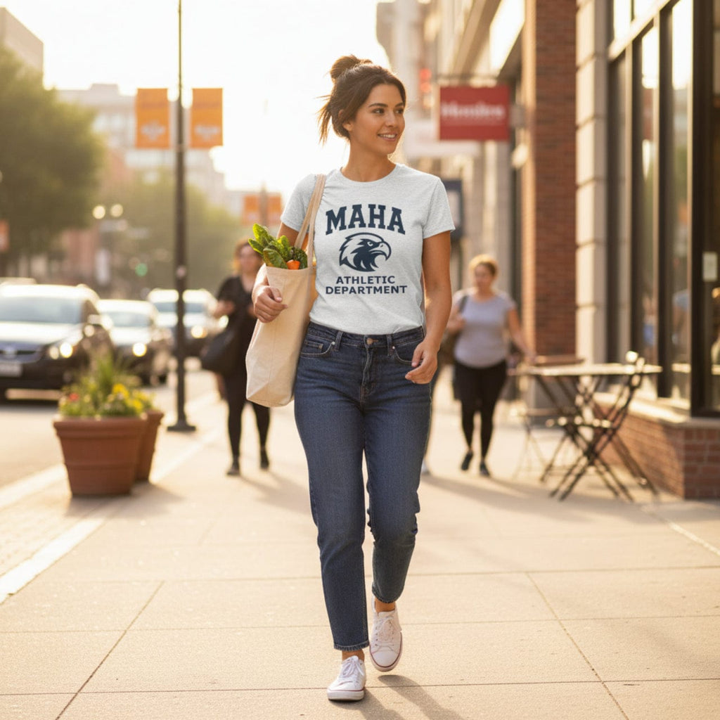 T-Shirt MAHA Athletic Department Navy on Heather White | Eagle Mascot Vintage Gym Class Shirt | Tri-Blend Performance Tee