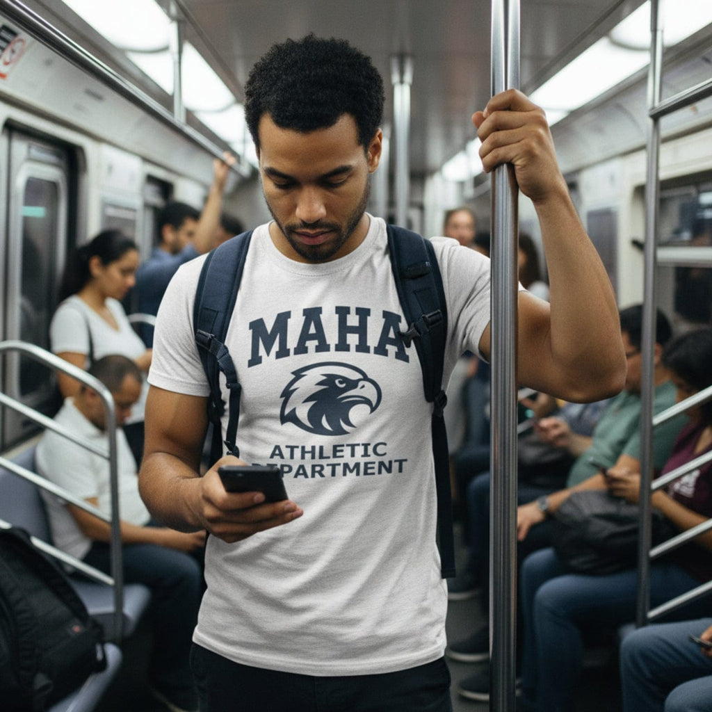 T-Shirt MAHA Athletic Department Navy on Heather White | Eagle Mascot Vintage Gym Class Shirt | Tri-Blend Performance Tee
