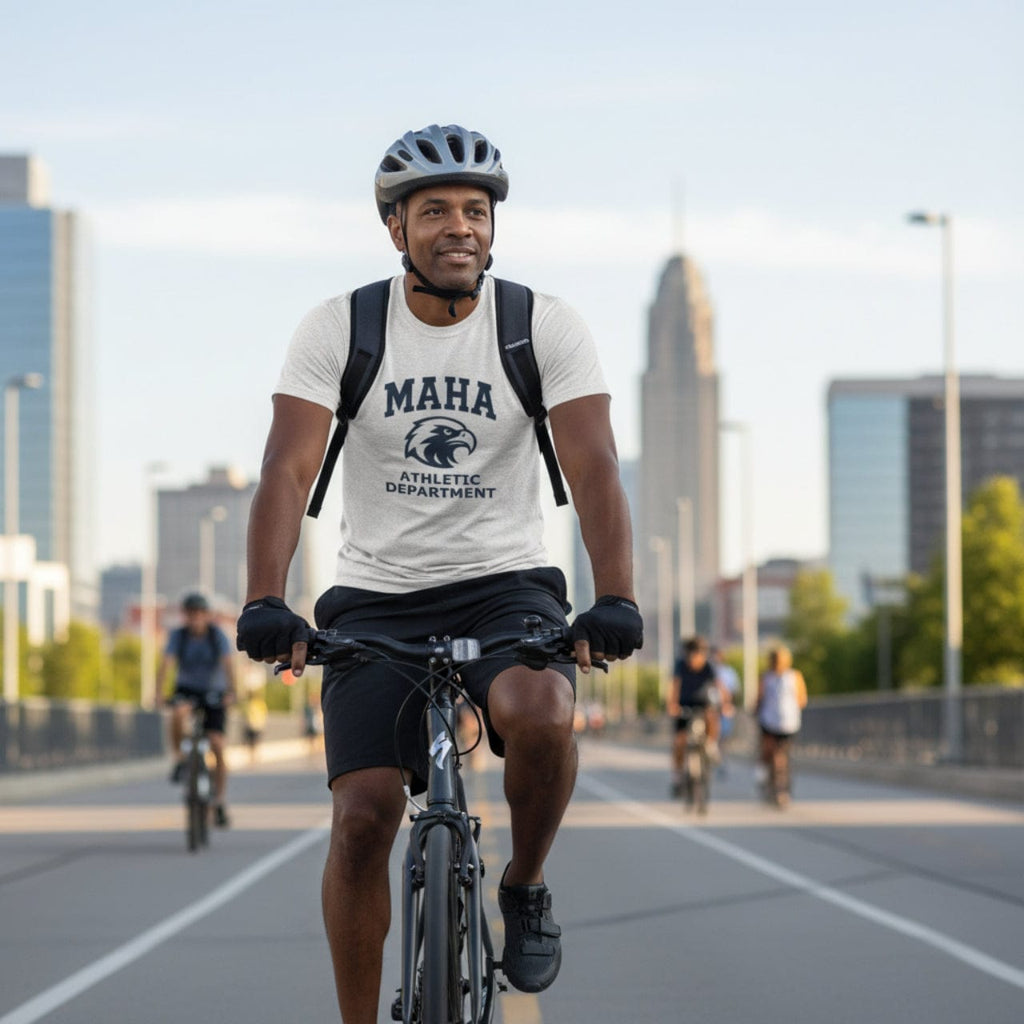 T-Shirt MAHA Athletic Department Navy on Heather White | Eagle Mascot Vintage Gym Class Shirt | Tri-Blend Performance Tee