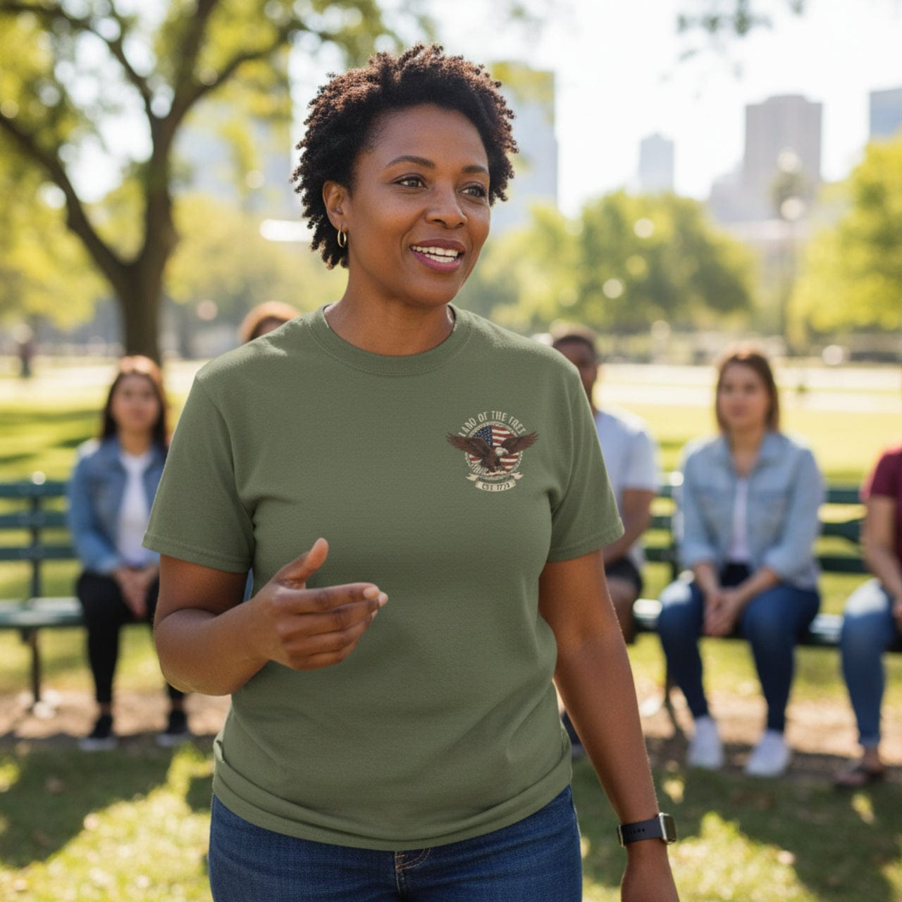 T-Shirt Military Green / S 1776 Land of the Free | Retro Eagle Emblem | Double Print Classic Tee