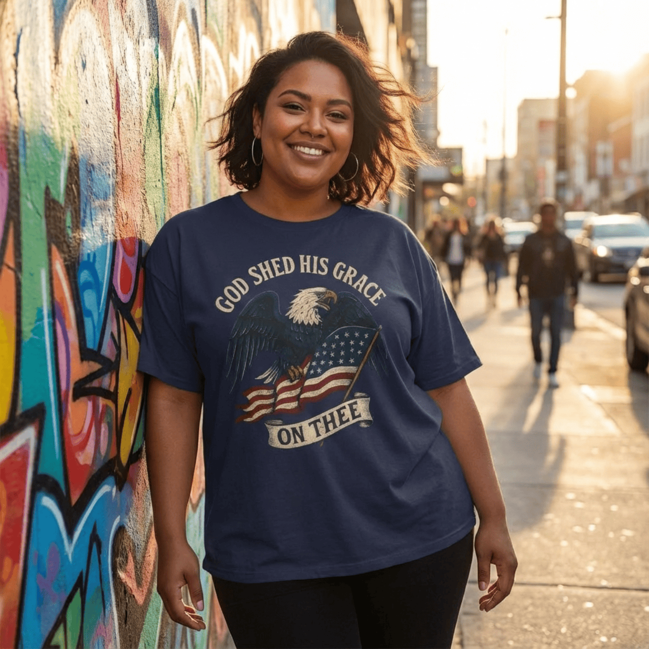 T-Shirt Navy / XS God Shed His Grace On Thee | Patriotic Eagle With Flag | Oversized Boxy Tee