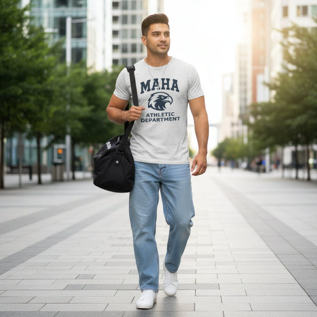 T-Shirt Tri-Blend Heather White / S MAHA Athletic Department Navy on Heather White | Eagle Mascot Vintage Gym Class Shirt | Tri-Blend Performance Tee